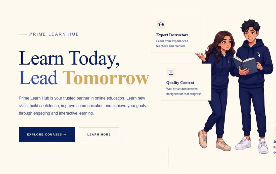 PrimeLearnHub website hero - Learn Today, Lead Tomorrow