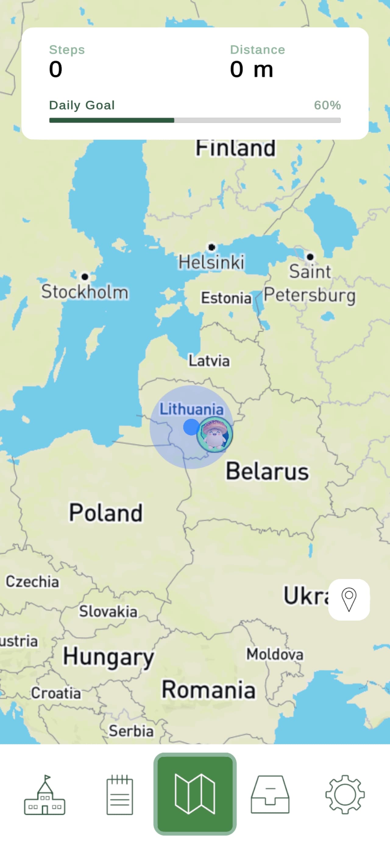WalkSaga mobile application showing a live map and activity tracking
